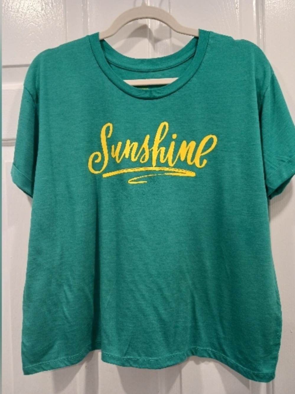 NATURAL LIFE Teal Crop Top with Yellow "Sunshine" graphic boxy tee L